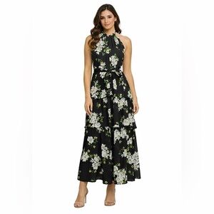 GB Girls Floral Halter Maxi Dress Tiered Black White Wedding Guest 12